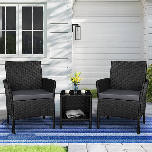 ALFORDSON Outdoor Patio Furniture 3pcs Conversation Set, Wicker 3 Pieces Lounge Chair & Glass Coffee Table Setting, Steel Frame Garden Rattan Sofa with Cushions, Black