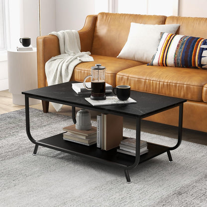 Giantex Marble Coffee Table, 2-Tier Faux Marble Top Coffee Table w/Metal Frame, Rectangular Living Room Table w/Storage Shelf, Sofa Side Table, Accent Table for Living Room, Office, Balcony (Black)