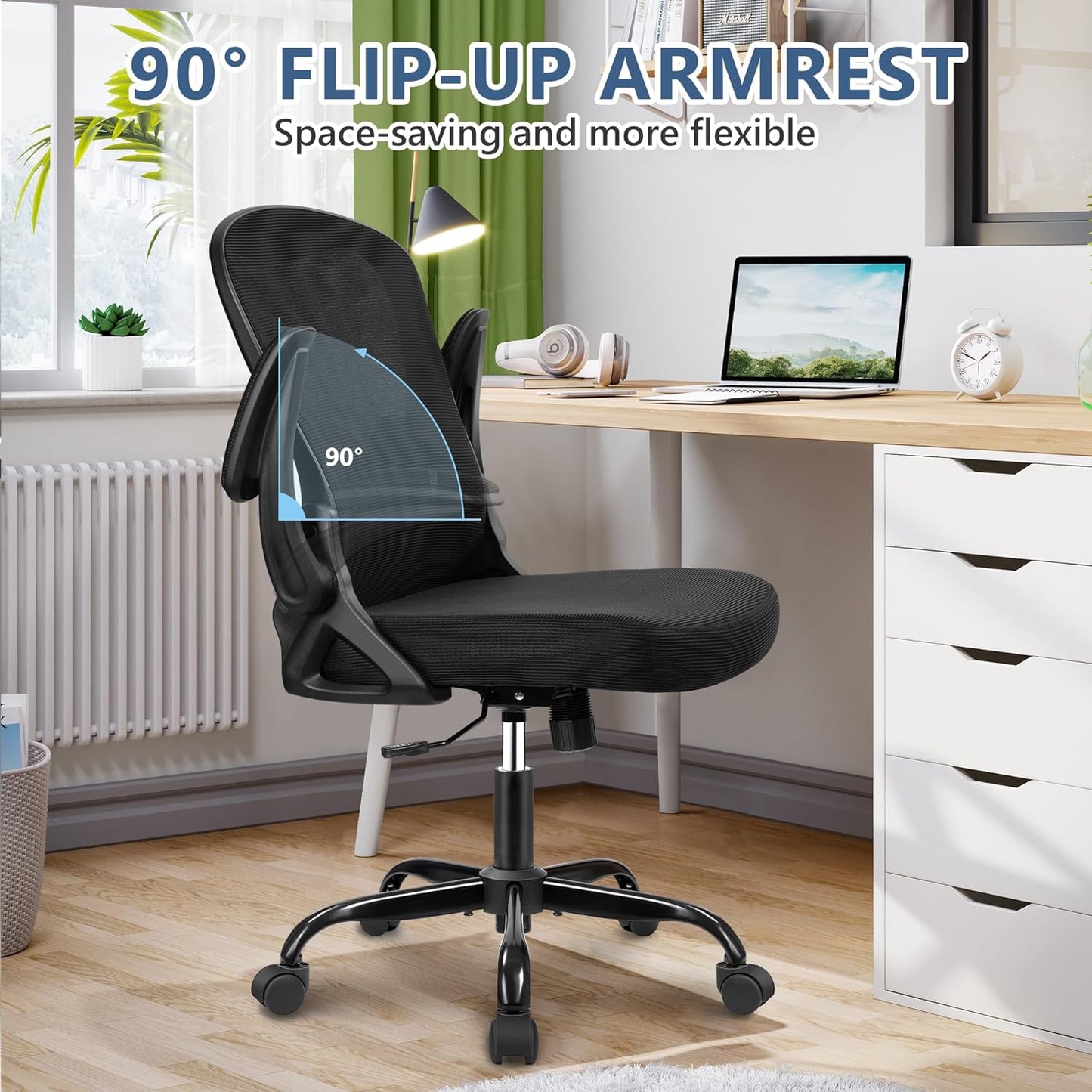 Winrise Office Chair Desk Chair, Ergonomic Mesh Computer Chair Home Office Desk Chairs, Swivel Task Chair Mid Back Breathable Rolling Chair with Adjustable Lumbar Support Flip Up Armrest (White)