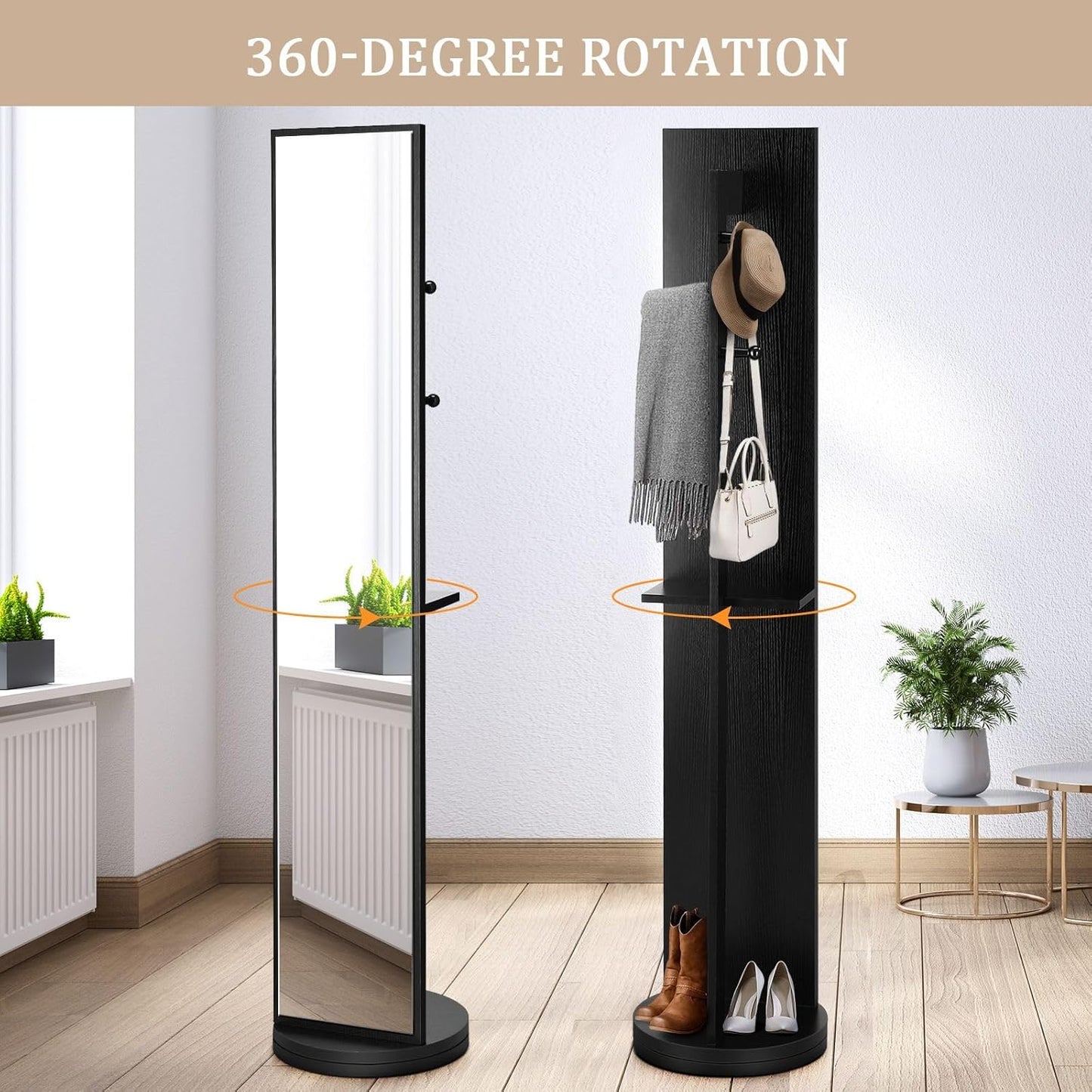 Full Length Body Mirror Tall Floor Free Standing Rotating Stand Up Alone Large Long Makeup Mirror with Storage Home Decor Black 30x20x164cm