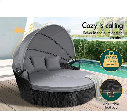 ALFORDSON Sun Bed Sofa 3PCs with Adjustable Canopy, Wicker Outdoor Tanning Lounger with Fabric Seat Cushions & Pillows, Steel Frame Lounge Chair Furniture for Garden Pool Patio Backyard, Black Grey