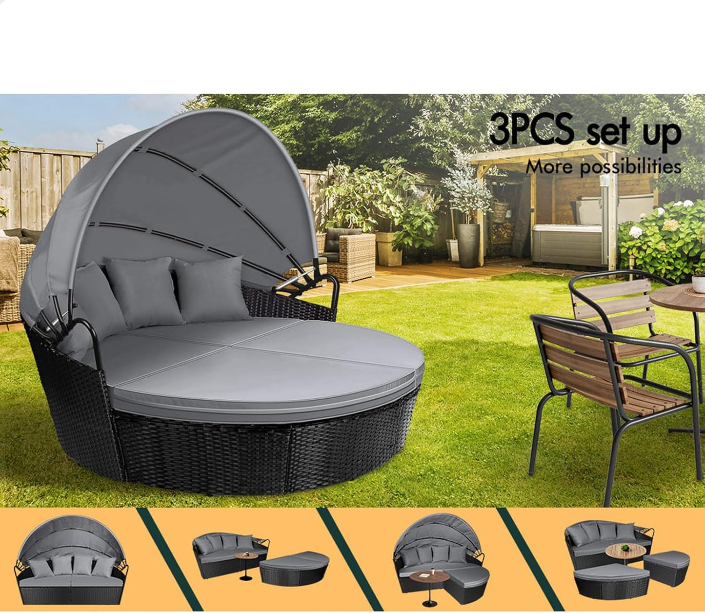 ALFORDSON Sun Bed Sofa 3PCs with Adjustable Canopy, Wicker Outdoor Tanning Lounger with Fabric Seat Cushions & Pillows, Steel Frame Lounge Chair Furniture for Garden Pool Patio Backyard, Black Grey