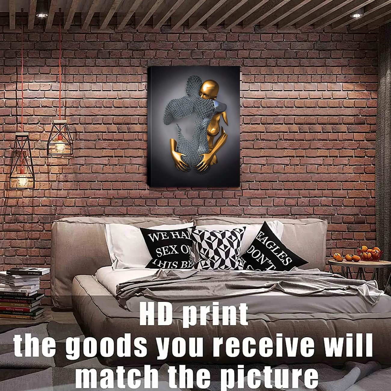 HONEYBABY Bedroom Wall Decor,Framed Romantic Couple Living Room Canvas wall art,Love Heart 3D Metal Sculpture Effect