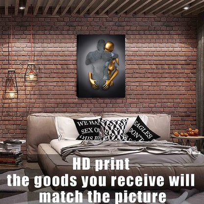 HONEYBABY Bedroom Wall Decor,Framed Romantic Couple Living Room Canvas wall art,Love Heart 3D Metal Sculpture Effect