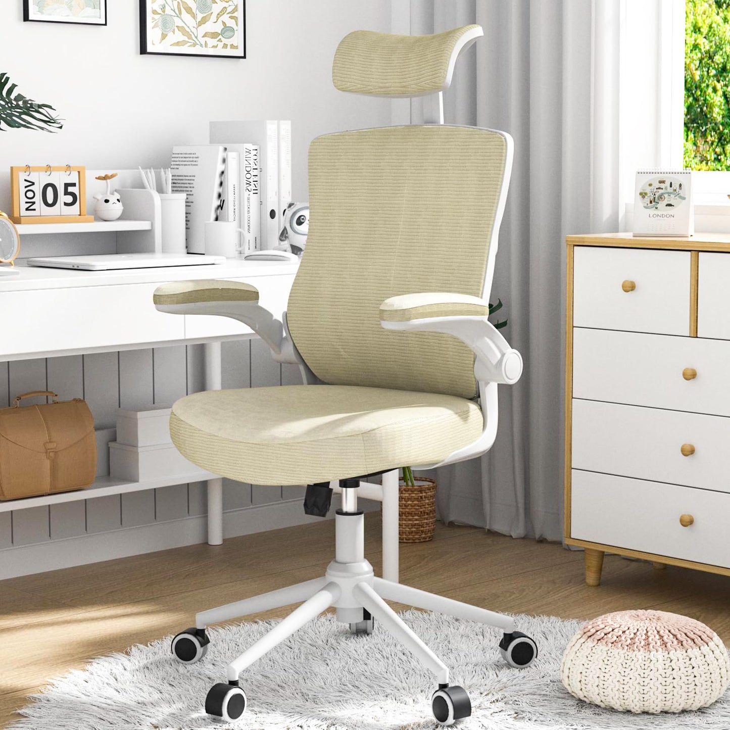 𝑯𝑶𝑴𝑬 𝑶𝑭𝑭𝑰𝑪𝑬 𝑪𝑯𝑨𝑰𝑹, Ergonomic Mesh Desk Chair, High Back Computer Chair- Adjustable Headrest with Flip-Up Arms, Lumbar Support, Swivel Executive Task Chair (Modern, White)