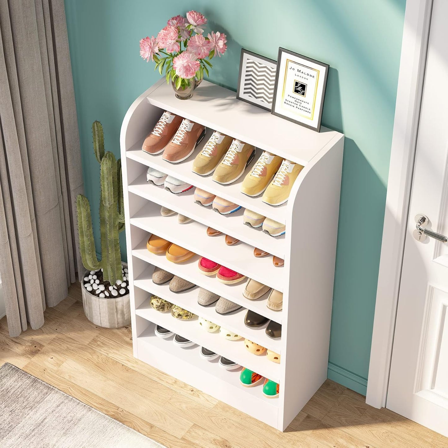 Tribesigns Shoe Cabinet for Entryway, 8-Tier Wooden Shoe Storage Cabinet, 120 cm Freestanding Shoes Storage Organizer, Wooden Shoe Rack Cabinet with Open Storage, Hallway, Living Room, White