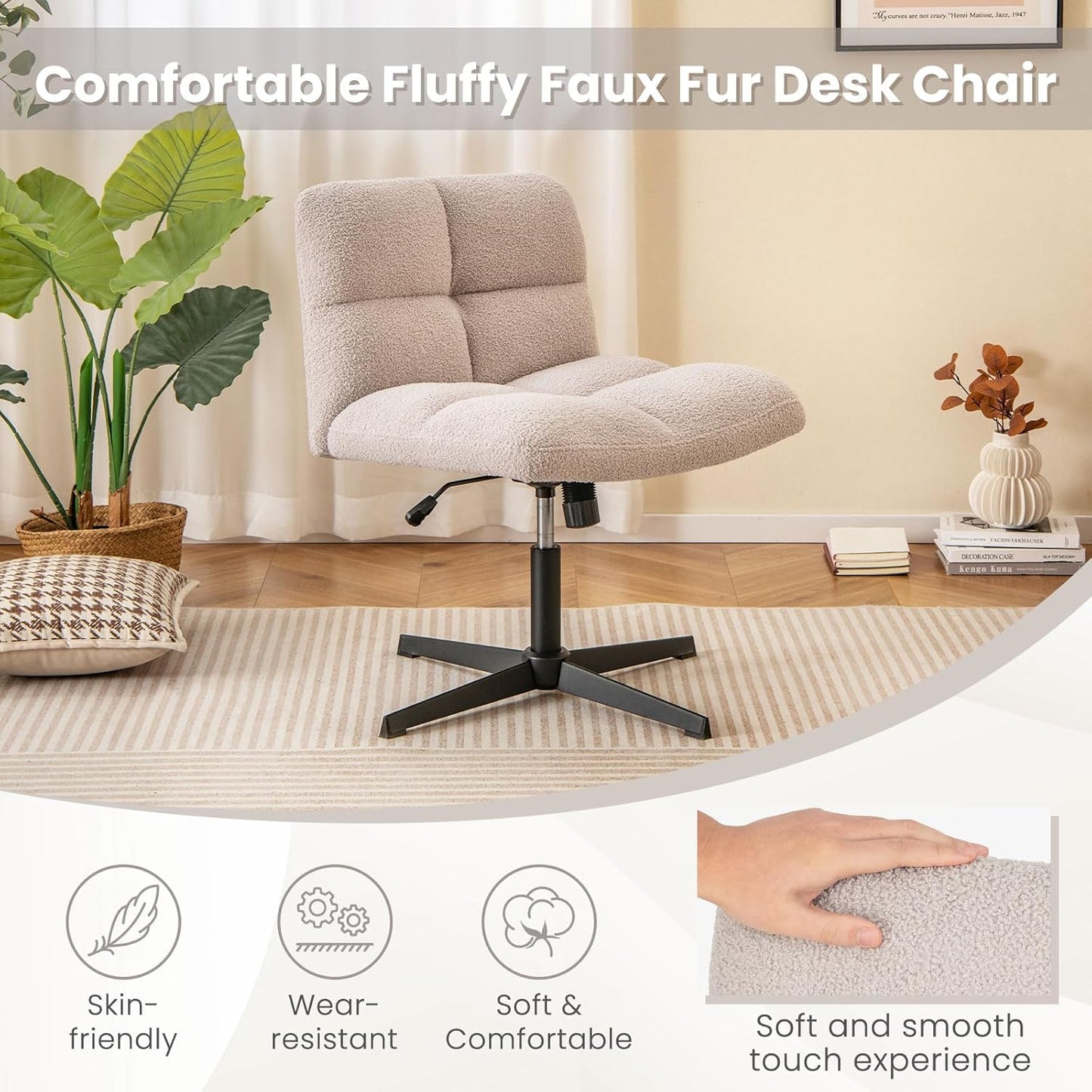 Giantex Cross Legged Chair, PU Leather 64cm Wide Armless Desk Chair No Wheels, Swivel Height Adjustable Task Chair, Rocking Function, Vanity Chair for Home Office,180 KG Weight Capacity, Beige