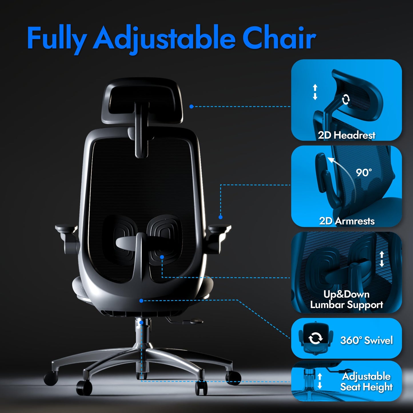 LarkLeaves Ergonomic Office Chair with Flip-Up Arms, Office Chair with Adjustable Lumbar Support and Headrest, Gaming Chair with Thick Cushion, Computer Chair for Home Office, Mesh Back Study Chair