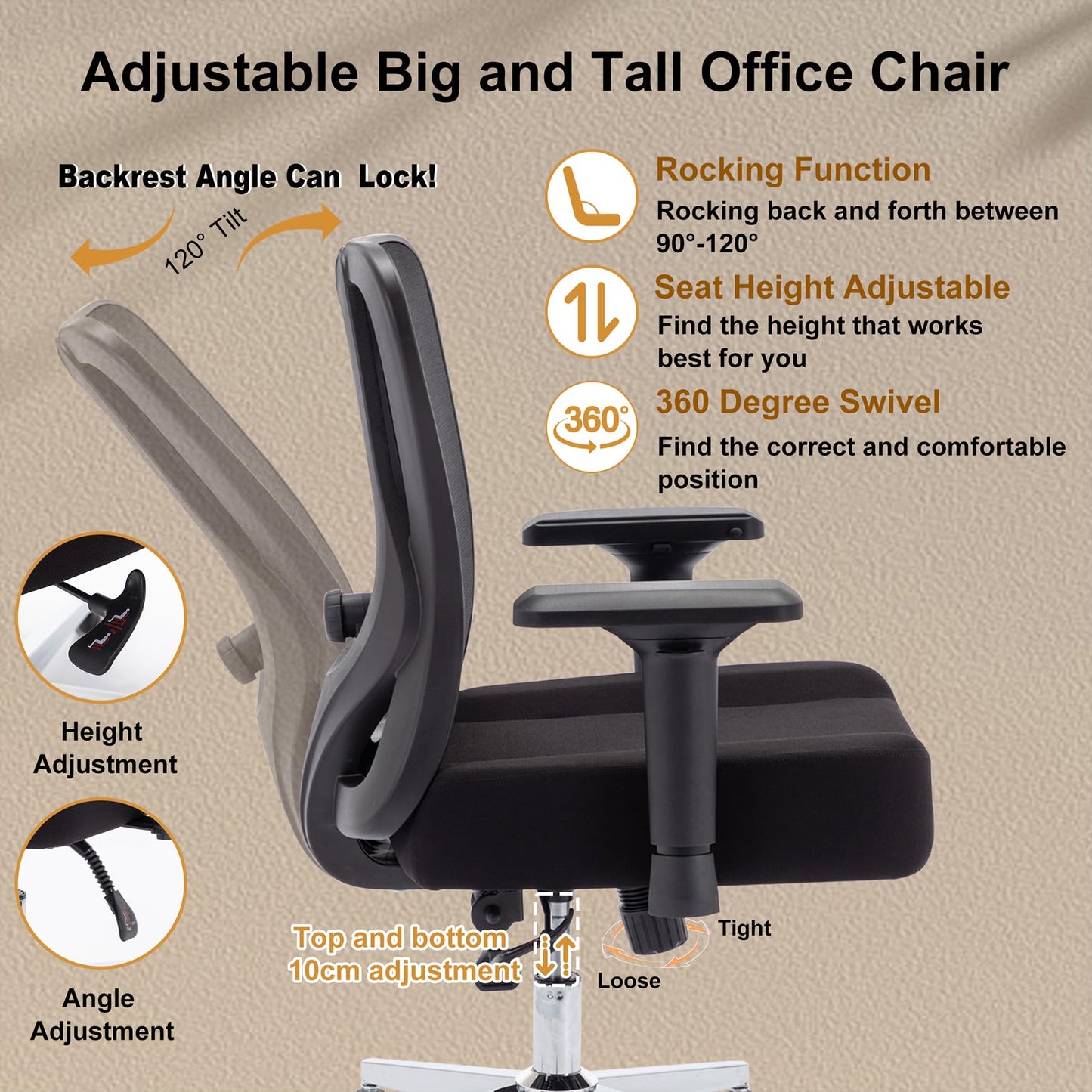 Big and Tall Office Chair 450lbs Ergonomic Mesh Office Desk Chair with 4d Armrests Adjustable Lumbar Support Rocking Executive Computer Chair for Heavy People Upgraded Caster Wheels with Headrest