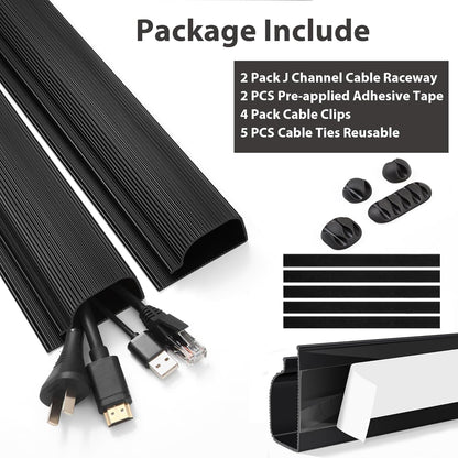 ZhiYo Cable Management 31.5in J Channel - 2Pack Cable Raceway - Cable Management Under Desk with Adhesive Stripe Built-in, Easy to Install Desk Cord Organizer, 2X L15.7in, Cord Cover, Black