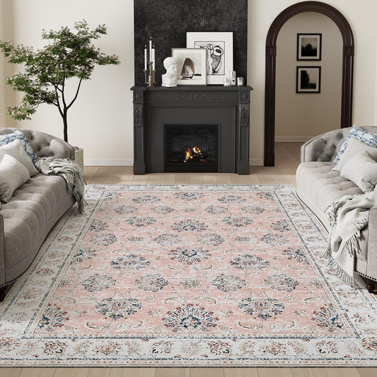 JINCHAN Rug 182x274CM Washable Carpet Boho Living Room Rug Pink Floral Print Large Rug Indoor Soft Distressed Foldable Carpet Thin Rug Bedroom Dining Room Office