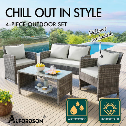 ALFORDSON Outdoor Patio Furniture 4pcs Conversation Set, Wicker 4 Pieces Lounge Chair & Glass Coffee Table Setting, Steel Frame Garden Rattan Sofa with Cushions and Back Pillows, Light Grey