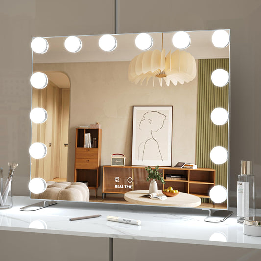 LETSFIELD Hollywood Vanity Mirror 60 x 51cm, Lighted Vanity Mirror with 14 Dimmable Lights for Bedroom, Desktop/Wall Mounted Makeup Mirror with Smart Control (Silver)