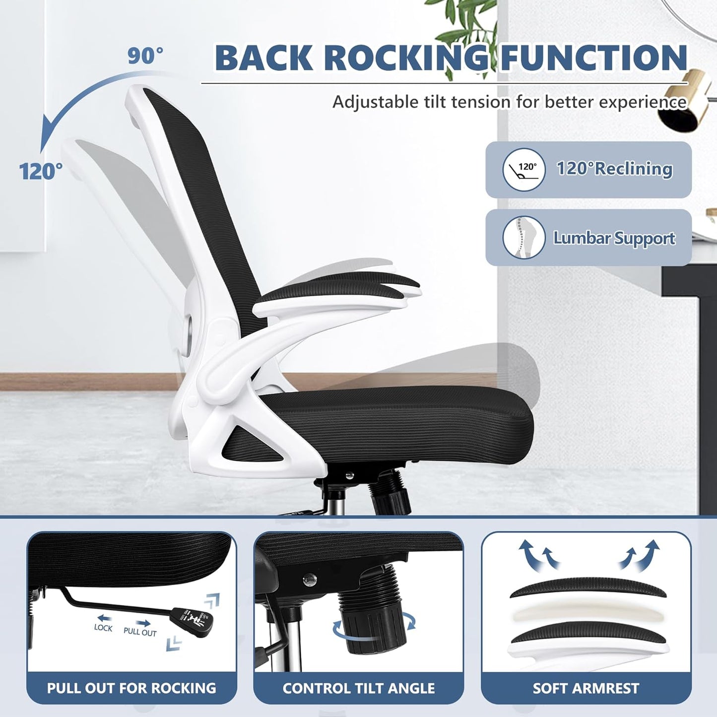 Winrise Office Chair Desk Chair, Ergonomic Mesh Computer Chair Home Office Desk Chairs, Swivel Task Chair Mid Back Breathable Rolling Chair with Adjustable Lumbar Support Flip Up Armrest (White)