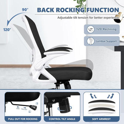 Winrise Office Chair Desk Chair, Ergonomic Mesh Computer Chair Home Office Desk Chairs, Swivel Task Chair Mid Back Breathable Rolling Chair with Adjustable Lumbar Support Flip Up Armrest (White)