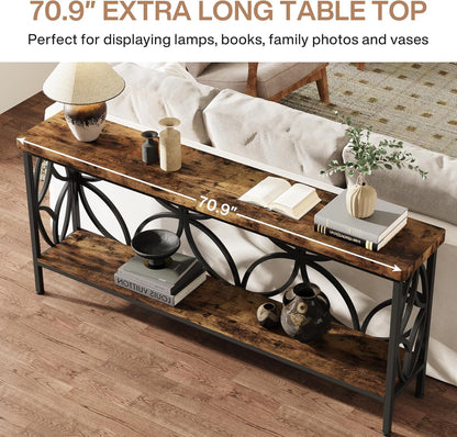 Tribesigns 70.9-Inch Narrow Sofa Table, Industrial Long Sofa Table Behind Couch, Entry Console Table with Storage for Entryway, Living Room, Foyer, Unique Design, Rustic Brown