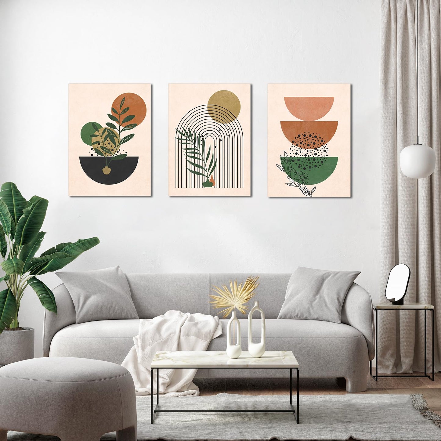 Gisipameis Boho Wall Art Set of 3 Mid Century Modern Wall Decor Framed Canvas Print 12"x16" Minimalist Wall Art Geometric Abstract Modern Neutral Boho Wall Art Decor for Living Room Bathroom