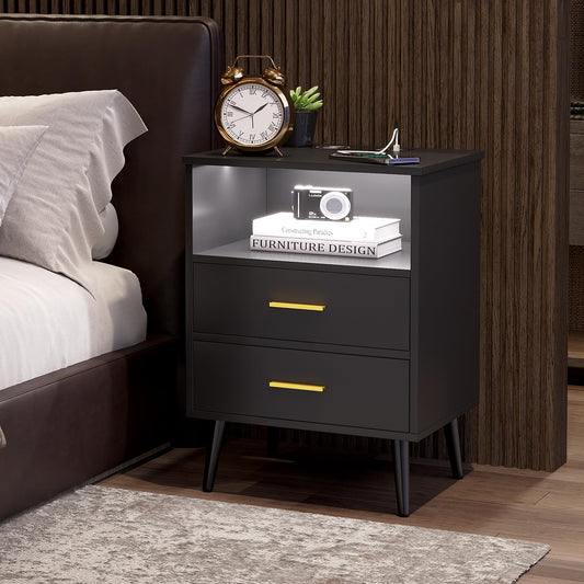 LVSOMT Black Bedside Table with Charging Station and LED Lights, Modern Nightstand with 2 Drawers, Storage Shelf Smart Night Stand for Bedroom Living Room