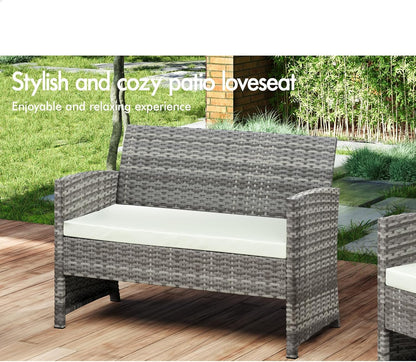 ALFORDSON Outdoor Patio Furniture 4pcs Conversation Set, Wicker 4 Pieces Lounge Chair & Glass Coffee Table Setting, Steel Frame Garden Rattan Sofa with Cushions and Back Pillows, Light Grey