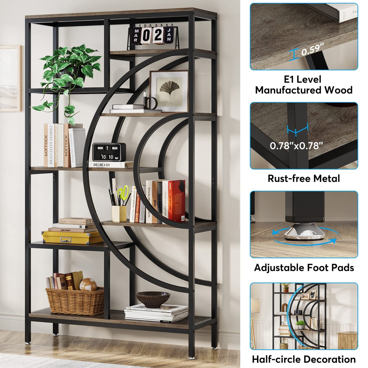 Tribesigns 71 inches Geometric Bookcase, Industrial 8-Tiers Bookshelves, Rustic Etagere Bookcase with Metal Frame, Tall Freestanding Open Storage Shelving Units for Home Office, Living Room