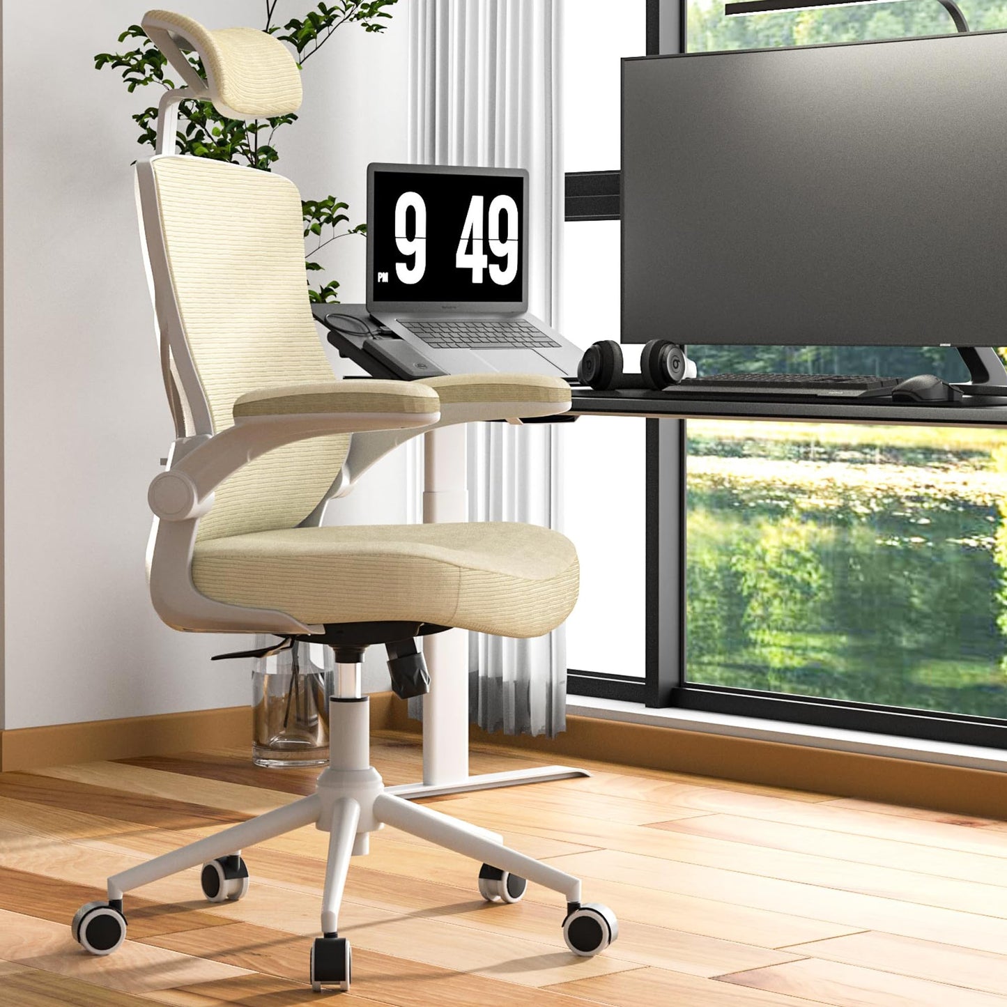 𝑯𝑶𝑴𝑬 𝑶𝑭𝑭𝑰𝑪𝑬 𝑪𝑯𝑨𝑰𝑹, Ergonomic Mesh Desk Chair, High Back Computer Chair- Adjustable Headrest with Flip-Up Arms, Lumbar Support, Swivel Executive Task Chair (Modern, White)