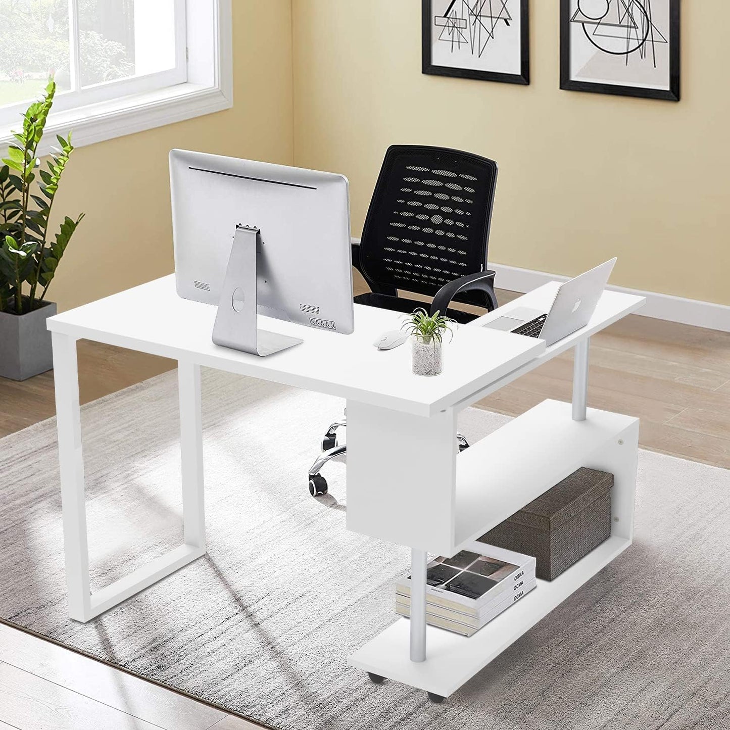 Advwin L-Shaped Computer Desk with Storage Shelf Wooden Workstation Writing Table Modern Office Desks for Study Work from Home, White