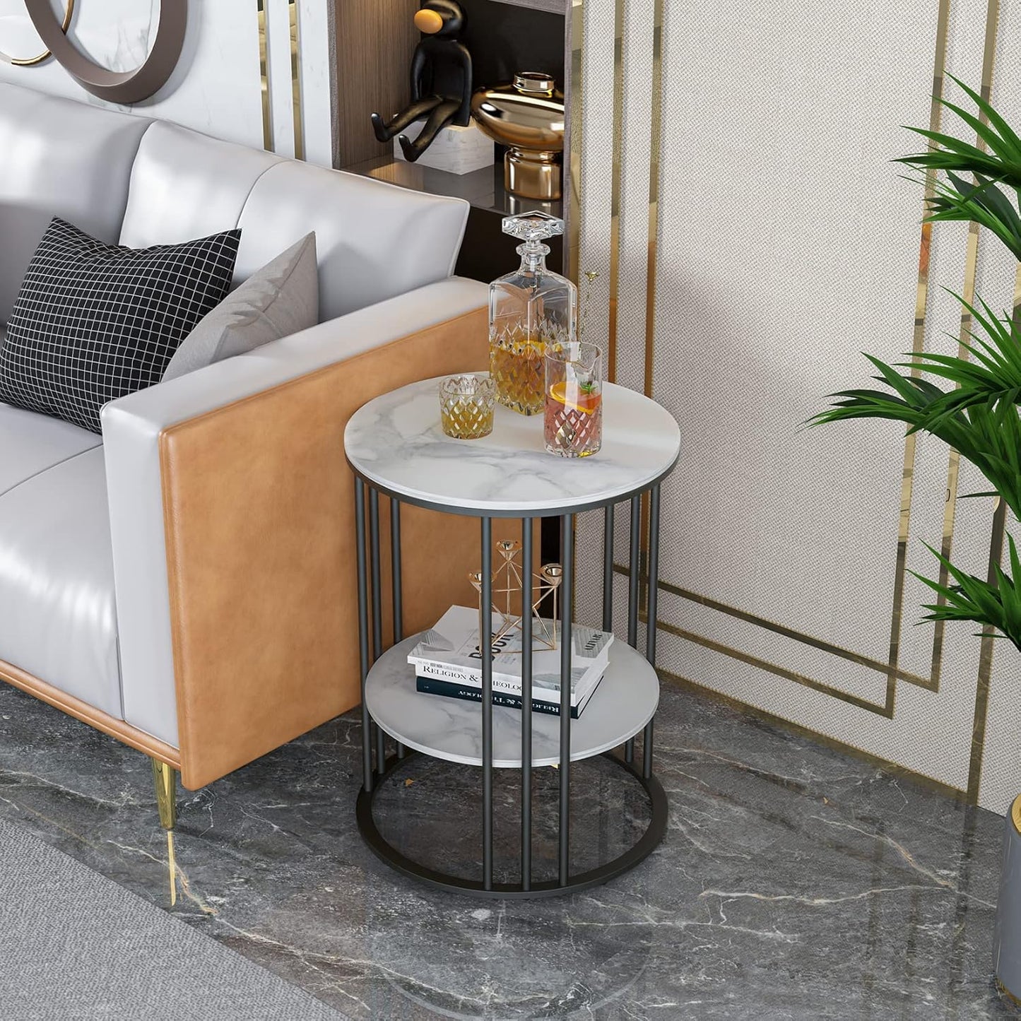 Marble Top Side Table Black: Small Circle End Tables 40 x 54cm Sintered Stone Bedside with Metal Black Legs Modern White Nightstand 2 Tier Round Sofa Side Table for Bedroom Living Room Furniture