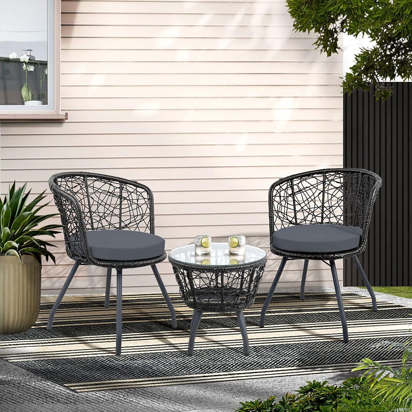 Gardeon 3pcs Wicker Patio Furniture, Bistro Set Table and Chairs Outdoor Lounge Setting Conversation Sets Dining Chair Garden Backyard, Cushion with Rattan Coffee Table Round Black