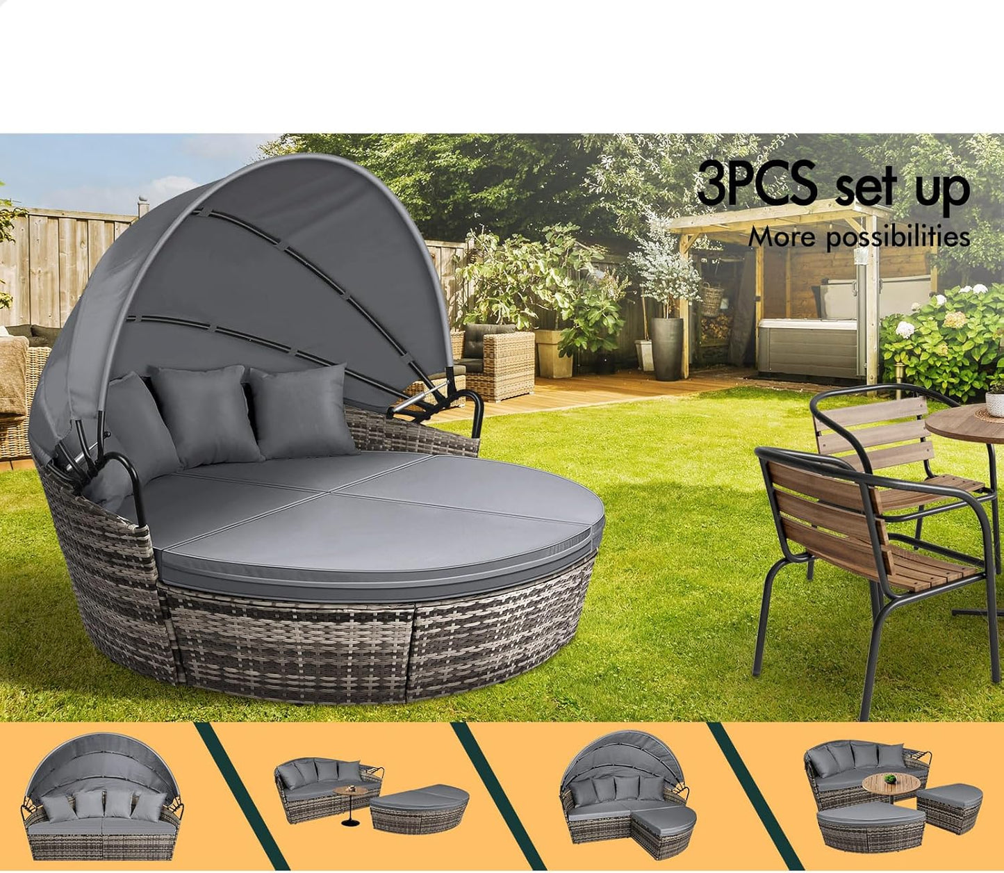 ALFORDSON Sun Bed Sofa 3PCs with Adjustable Canopy, Wicker Outdoor Tanning Lounger with Fabric Seat Cushions & Pillows, Steel Frame Lounge Chair Furniture for Garden Pool Patio Backyard, Black Grey