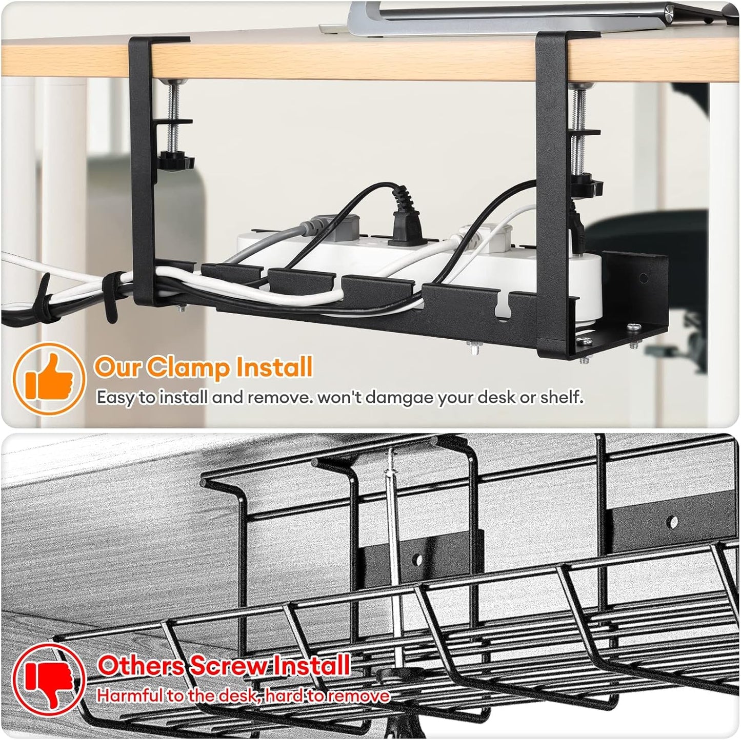 Necomi No Drill Under Desk Cable Management Tray, 21.7" Retractable Clamp Mounted Desk Cable Cord Organizer for Wire Management, Sturdy Metal Cable Tray Basket for Home Office(Black)