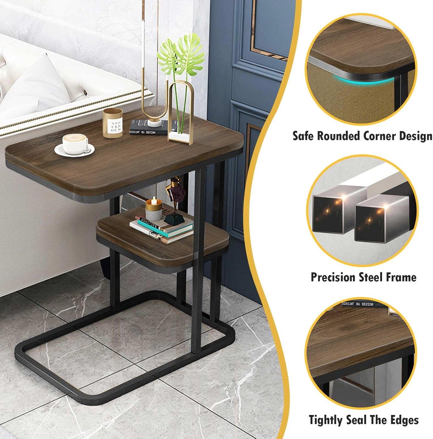 DAWNTREES Side Table C-Shaped Coffee Table Imitation Marble Texture 2-Layer Storage Shelf Living Room Tea Table Sofa Side Table 56x50x30cm,Gold Frame Whiteboard