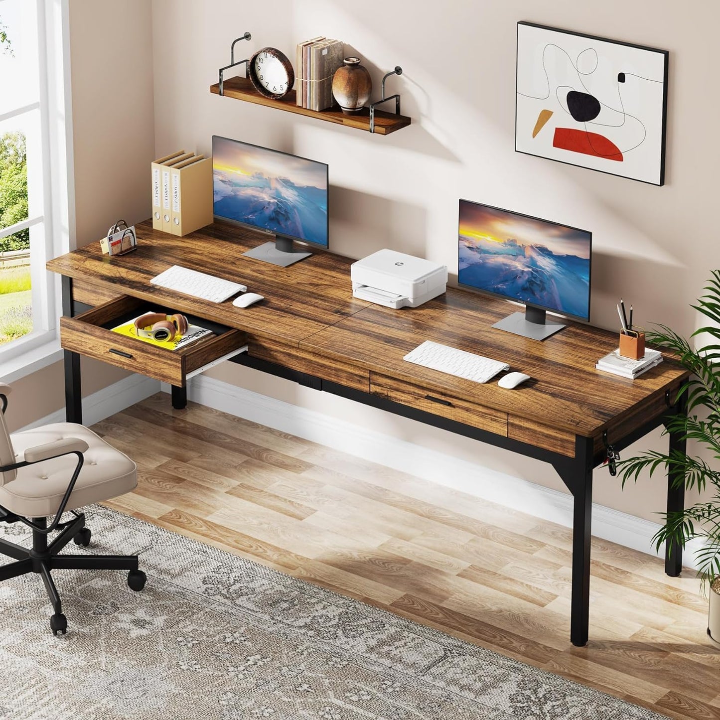 Tribesigns 200cm Computer Desk, 2 Person Computer Desk with Drawers, Large Executive Office Desk, Writing Table Working Desk for Home Office, Rustic Brown