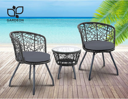 Gardeon 3pcs Wicker Patio Furniture, Bistro Set Table and Chairs Outdoor Lounge Setting Conversation Sets Dining Chair Garden Backyard, Cushion with Rattan Coffee Table Round Black