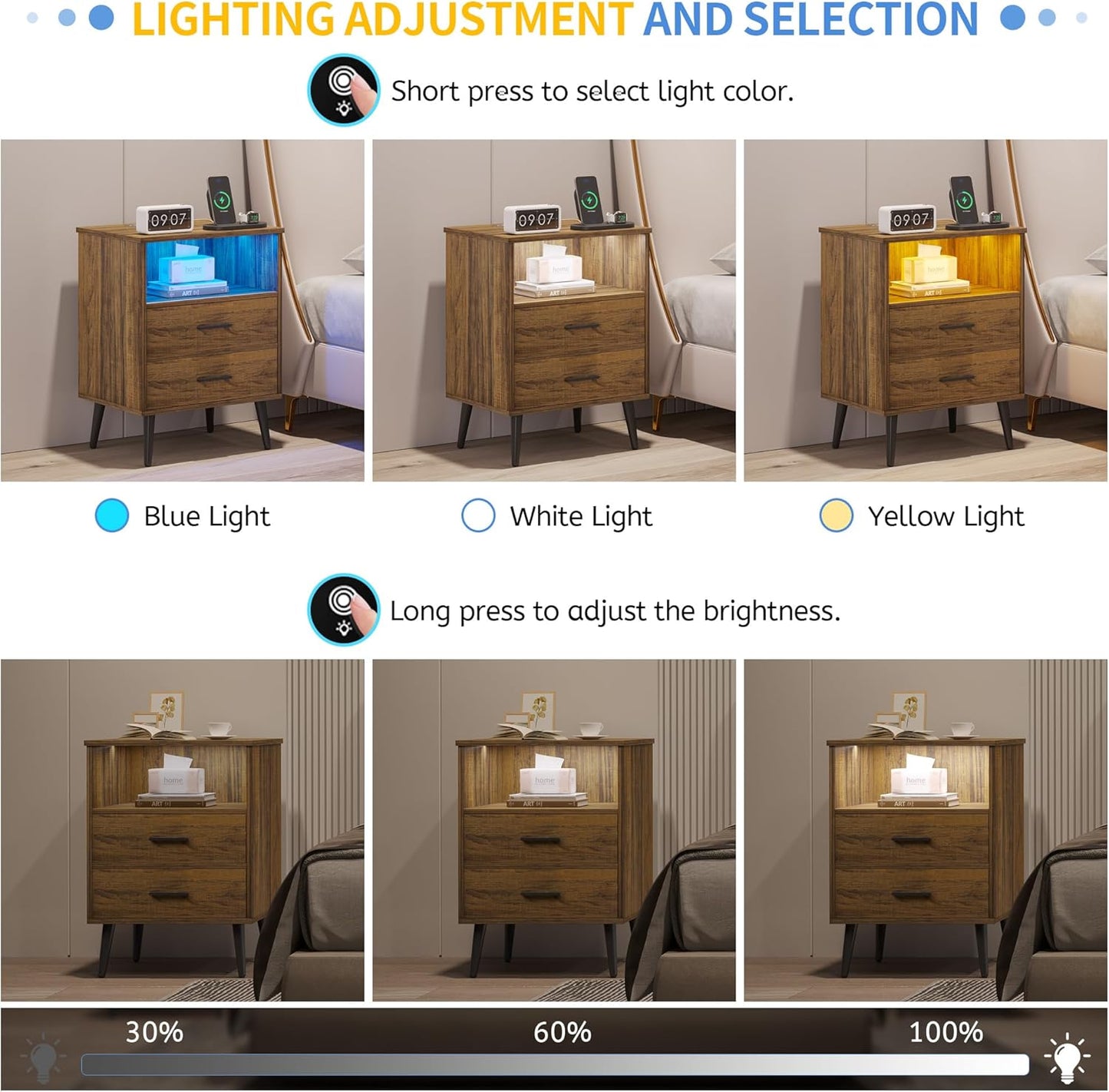 LVSOMT Black Bedside Table with Charging Station and LED Lights, Modern Nightstand with 2 Drawers, Storage Shelf Smart Night Stand for Bedroom Living Room