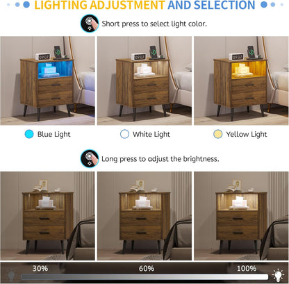 LVSOMT Black Bedside Table with Charging Station and LED Lights, Modern Nightstand with 2 Drawers, Storage Shelf Smart Night Stand for Bedroom Living Room