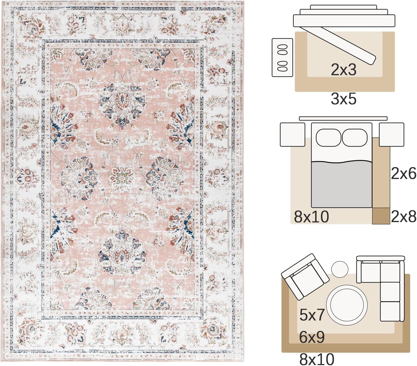 JINCHAN Rug 182x274CM Washable Carpet Boho Living Room Rug Pink Floral Print Large Rug Indoor Soft Distressed Foldable Carpet Thin Rug Bedroom Dining Room Office