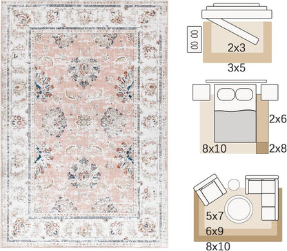 JINCHAN Rug 182x274CM Washable Carpet Boho Living Room Rug Pink Floral Print Large Rug Indoor Soft Distressed Foldable Carpet Thin Rug Bedroom Dining Room Office