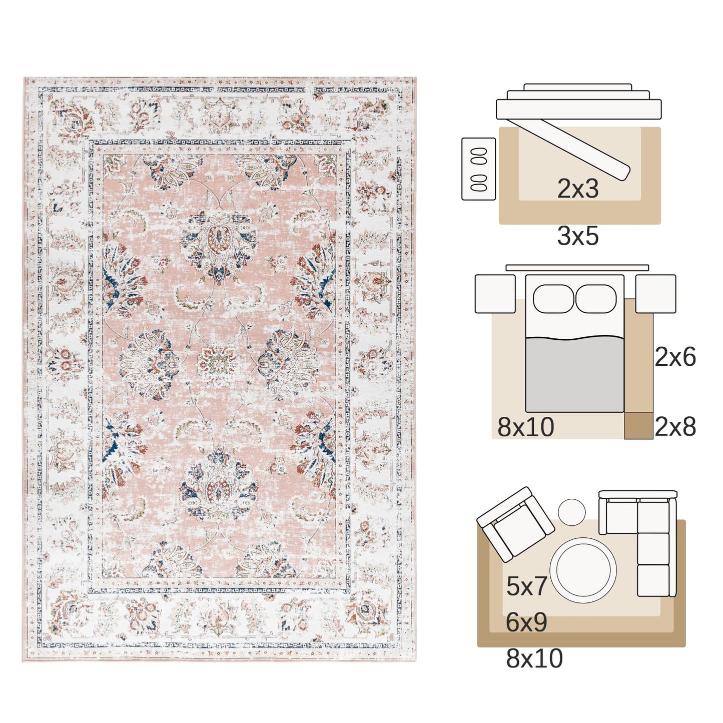 JINCHAN Rug 182x274CM Washable Carpet Boho Living Room Rug Pink Floral Print Large Rug Indoor Soft Distressed Foldable Carpet Thin Rug Bedroom Dining Room Office