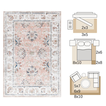 JINCHAN Rug 182x274CM Washable Carpet Boho Living Room Rug Pink Floral Print Large Rug Indoor Soft Distressed Foldable Carpet Thin Rug Bedroom Dining Room Office