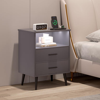 LVSOMT Black Bedside Table with Charging Station and LED Lights, Modern Nightstand with 2 Drawers, Storage Shelf Smart Night Stand for Bedroom Living Room