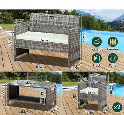 ALFORDSON Outdoor Patio Furniture 4pcs Conversation Set, Wicker 4 Pieces Lounge Chair & Glass Coffee Table Setting, Steel Frame Garden Rattan Sofa with Cushions and Back Pillows, Light Grey