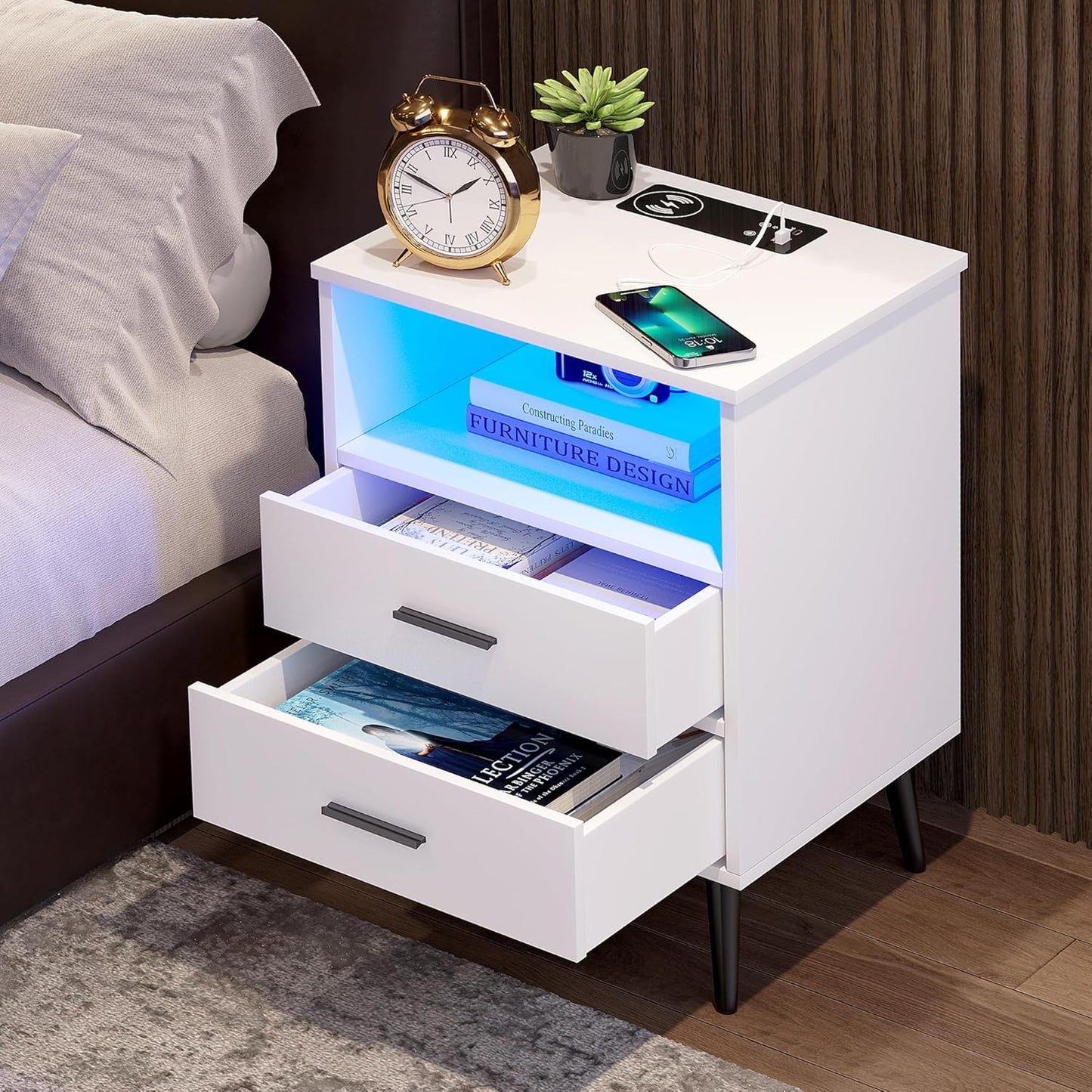 LVSOMT Black Bedside Table with Charging Station and LED Lights, Modern Nightstand with 2 Drawers, Storage Shelf Smart Night Stand for Bedroom Living Room