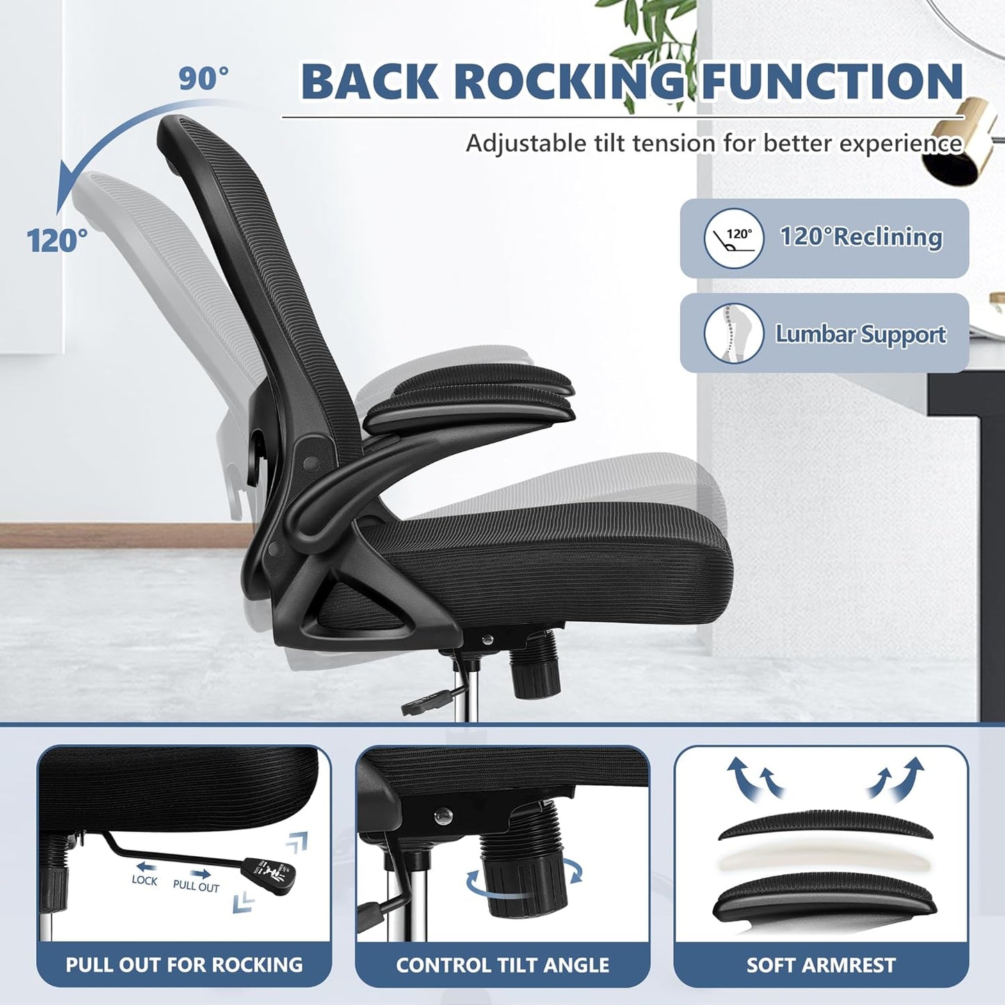 Winrise Office Chair Desk Chair, Ergonomic Mesh Computer Chair Home Office Desk Chairs, Swivel Task Chair Mid Back Breathable Rolling Chair with Adjustable Lumbar Support Flip Up Armrest (White)