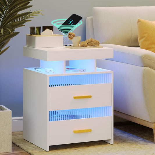 Dystler White Bedside Table with Charging Station: All in One Nightstand with Drawers Night Stand with LED Light & Human Sensor Design Modern End Table for Bedroom Living Room Office