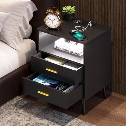 LVSOMT Black Bedside Table with Charging Station and LED Lights, Modern Nightstand with 2 Drawers, Storage Shelf Smart Night Stand for Bedroom Living Room