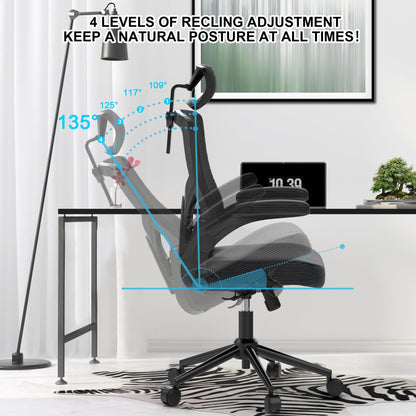 𝑯𝑶𝑴𝑬 𝑶𝑭𝑭𝑰𝑪𝑬 𝑪𝑯𝑨𝑰𝑹, Ergonomic Mesh Desk Chair, High Back Computer Chair- Adjustable Headrest with Flip-Up Arms, Lumbar Support, Swivel Executive Task Chair (Modern, White)