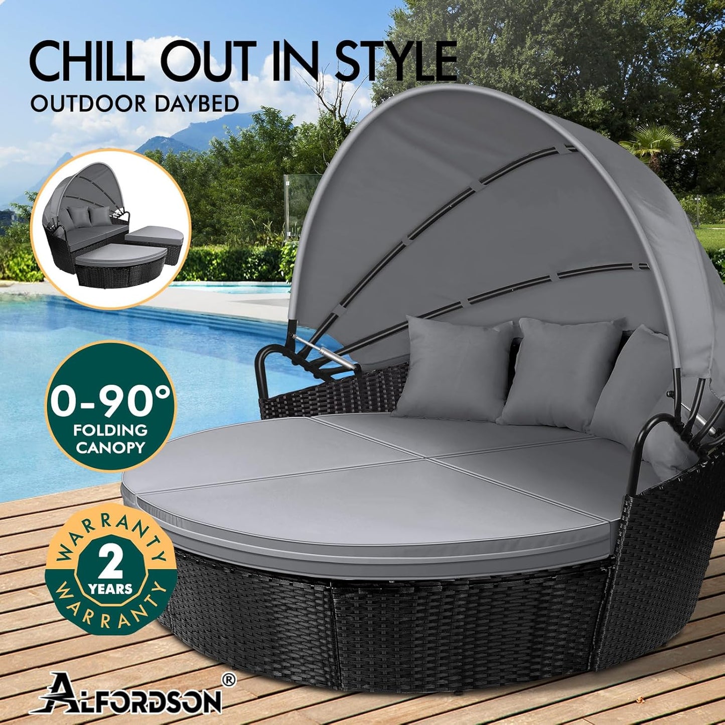 ALFORDSON Sun Bed Sofa 3PCs with Adjustable Canopy, Wicker Outdoor Tanning Lounger with Fabric Seat Cushions & Pillows, Steel Frame Lounge Chair Furniture for Garden Pool Patio Backyard, Black Grey