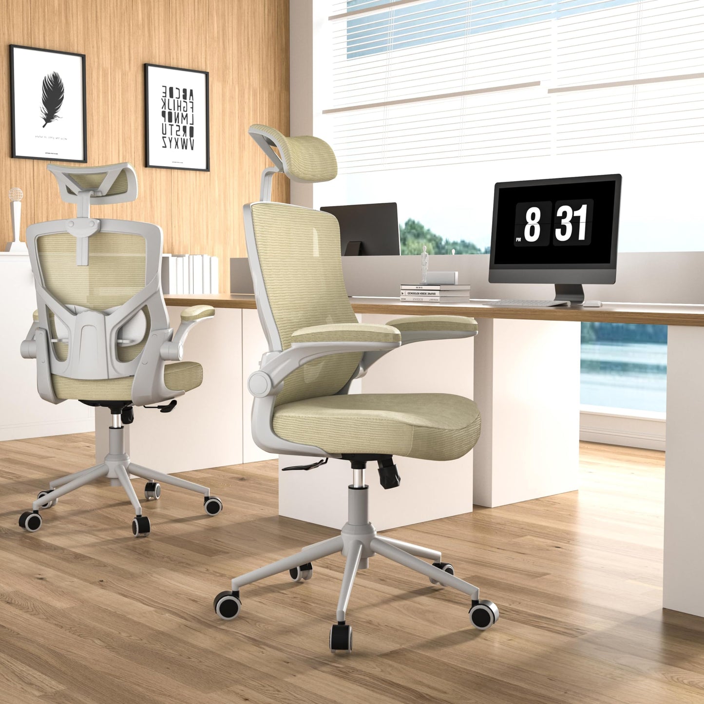 𝑯𝑶𝑴𝑬 𝑶𝑭𝑭𝑰𝑪𝑬 𝑪𝑯𝑨𝑰𝑹, Ergonomic Mesh Desk Chair, High Back Computer Chair- Adjustable Headrest with Flip-Up Arms, Lumbar Support, Swivel Executive Task Chair (Modern, White)