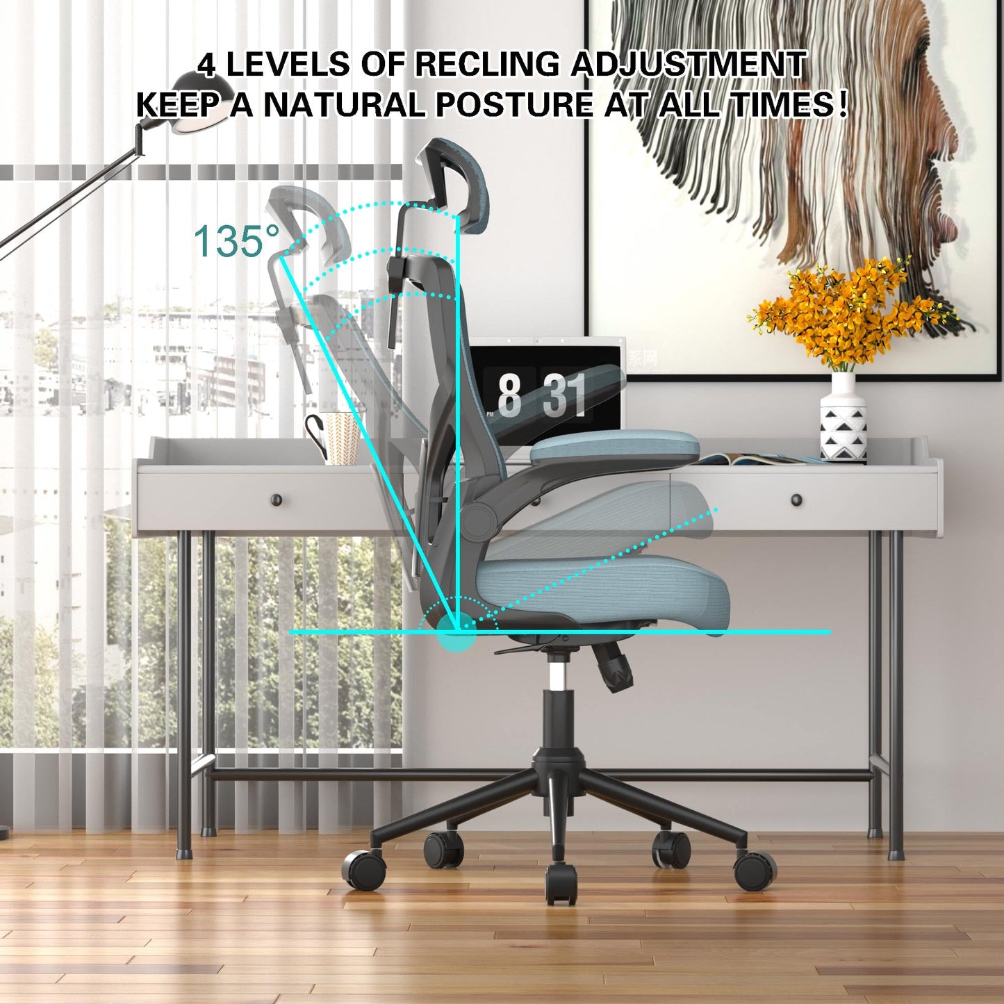 𝑯𝑶𝑴𝑬 𝑶𝑭𝑭𝑰𝑪𝑬 𝑪𝑯𝑨𝑰𝑹, Ergonomic Mesh Desk Chair, High Back Computer Chair- Adjustable Headrest with Flip-Up Arms, Lumbar Support, Swivel Executive Task Chair (Modern, White)