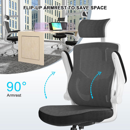 𝑯𝑶𝑴𝑬 𝑶𝑭𝑭𝑰𝑪𝑬 𝑪𝑯𝑨𝑰𝑹, Ergonomic Mesh Desk Chair, High Back Computer Chair- Adjustable Headrest with Flip-Up Arms, Lumbar Support, Swivel Executive Task Chair (Modern, White)